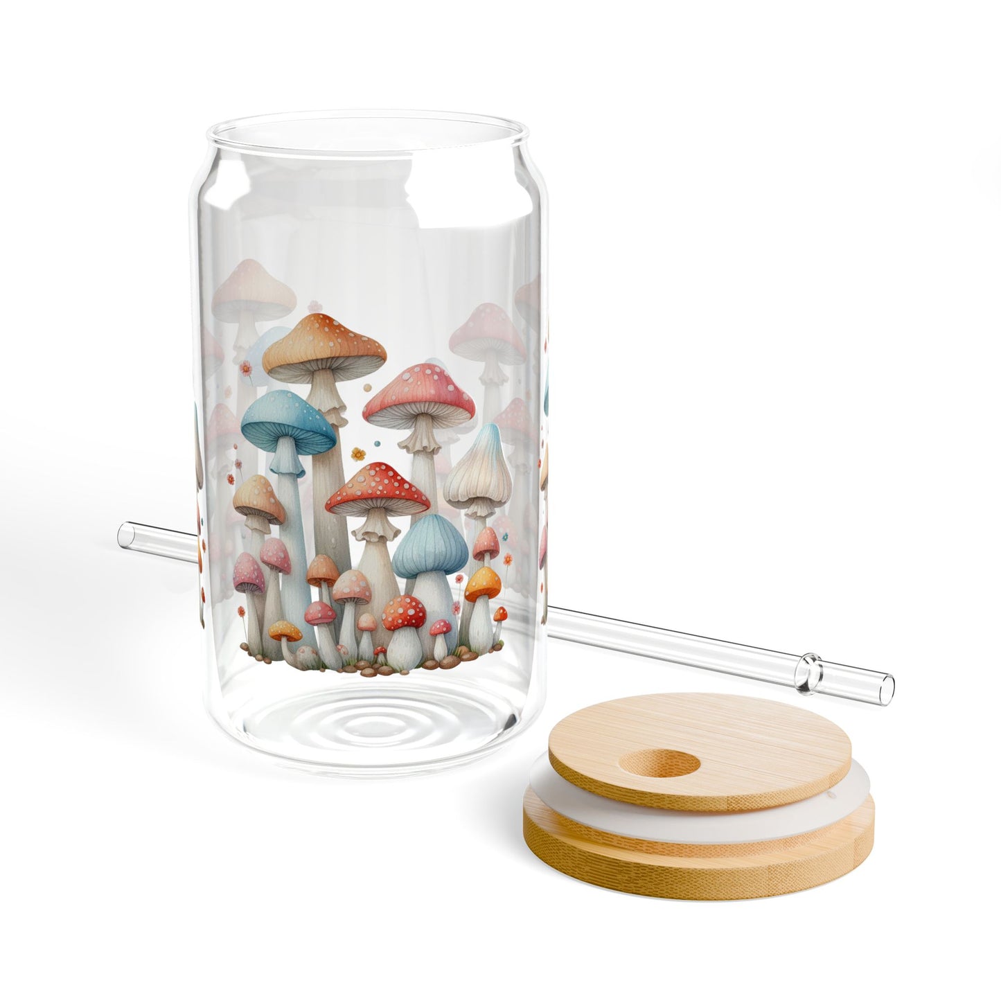 Ice Coffee Sipper Glass, 16oz Whimsical Mushrooms