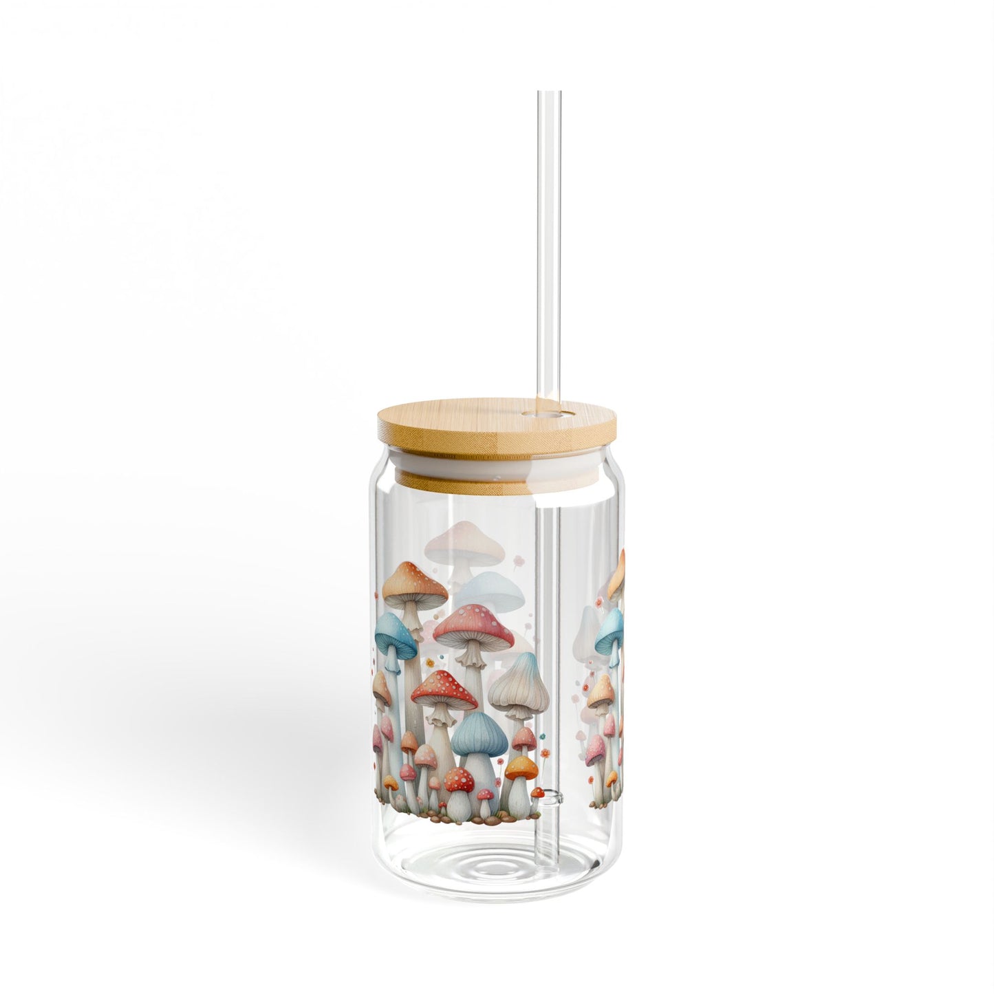 Ice Coffee Sipper Glass, 16oz Whimsical Mushrooms