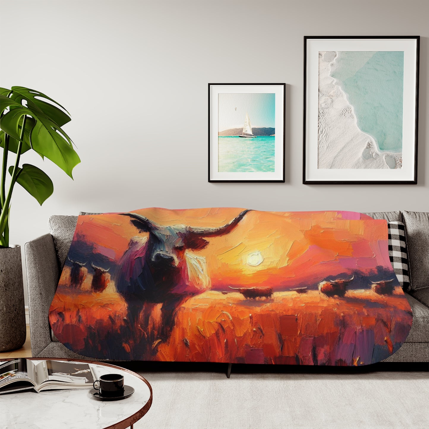 Longhorn at Sunset Sherpa Blanket, Two Colors